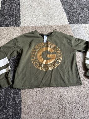 GUESS Kids Olive Green Long Sleeve Tee with Gold Logo- small 7/8